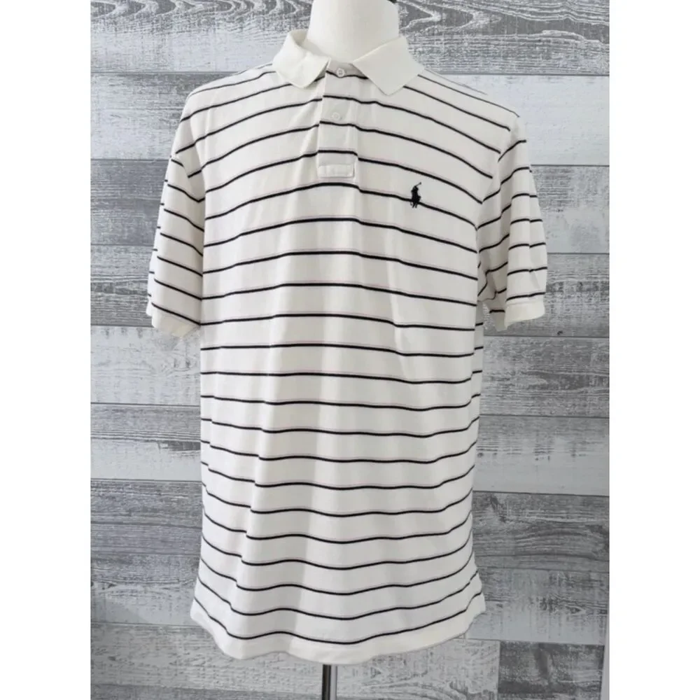 Polo Ralph Lauren Polo Shirt Men's XL Striped Cream 100% Cotton Short Sleeve
